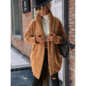Open Front Shawl Collar Fleece Jacket